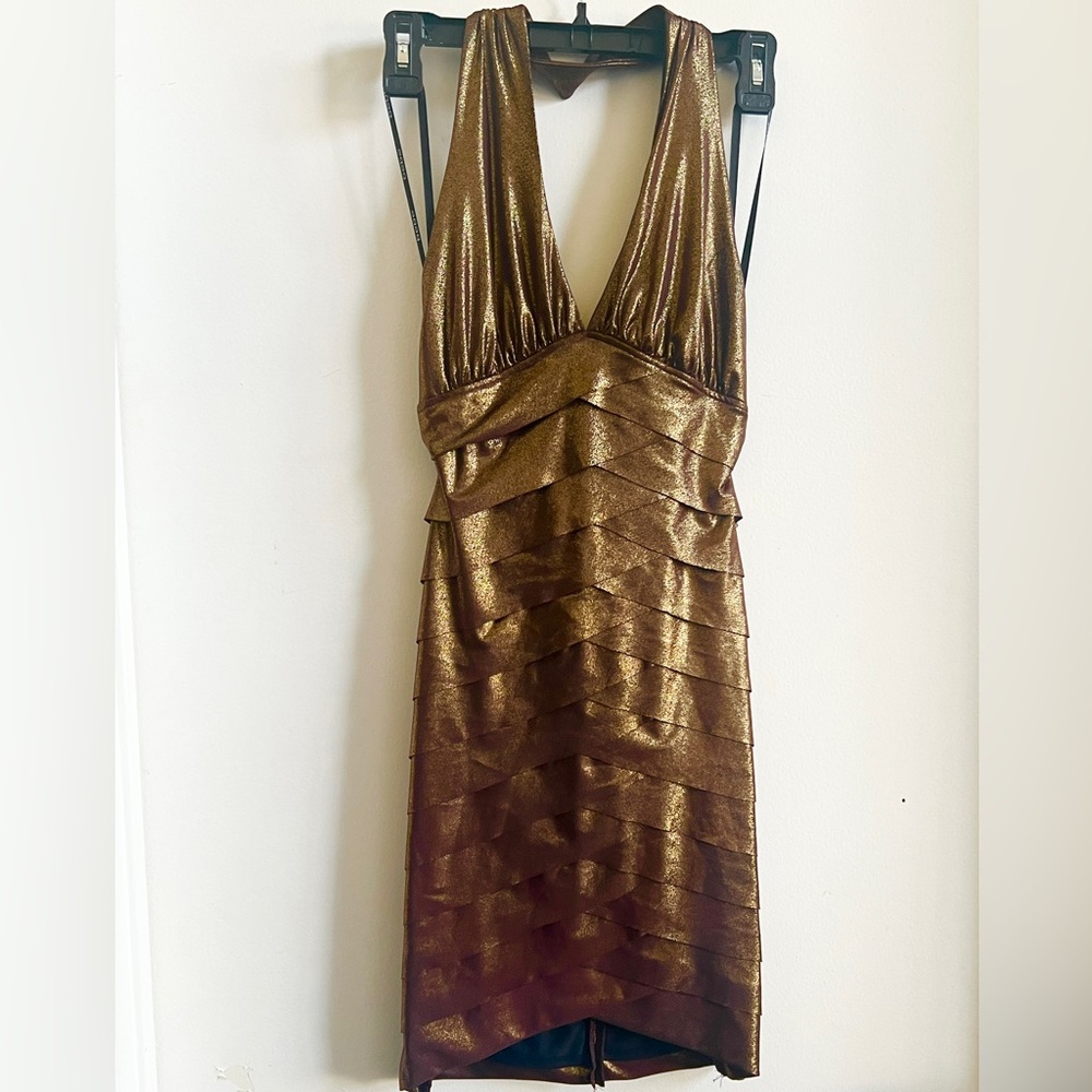 Bebe Metallic BRONZE Halter Dress Draped Cocktail Small